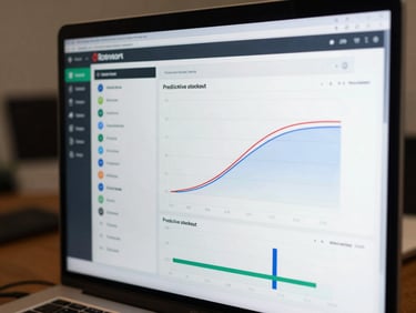 Data visualization dashboard tracking inventory levels and predictive stockout curves, modern enterprise interface