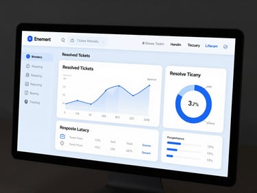 UI mockup of an AI customer support dashboard showing resolved tickets and response latency metrics, clean light-blue theme