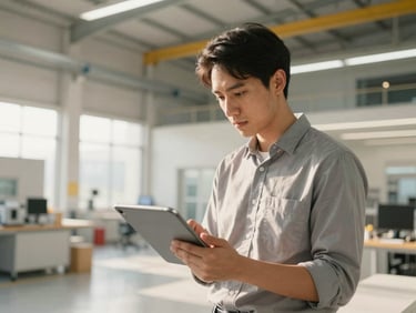 An engineer analyzing thermal schematics on a digital tablet inside a modern facility, warm daylight, sharp focus