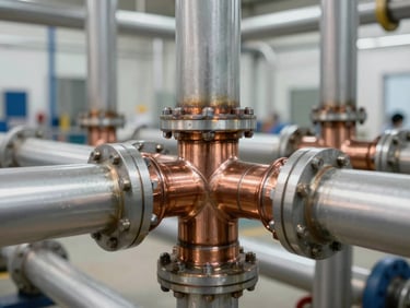 Close-up of clean industrial piping and copper welds in a bright commercial mechanical room, 35mm