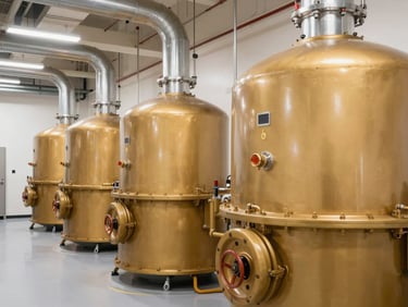 Bright editorial photography of a modern commercial boiler room, clean industrial piping, warm glowing amber machinery accents, sharp focus, 35mm