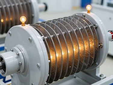 Close-up of a high-efficiency heat exchanger with glowing amber indicators, clean engineering detail