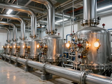 Medium-wide daylight shot of a clean commercial boiler room, polished steel piping, glowing amber indicator lights, sharp architectural focus, 35mm.