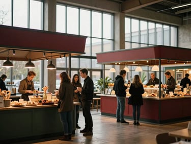 Modern gastronomic market hall with artisanal food stalls, people socializing naturally, soft warm lighting
