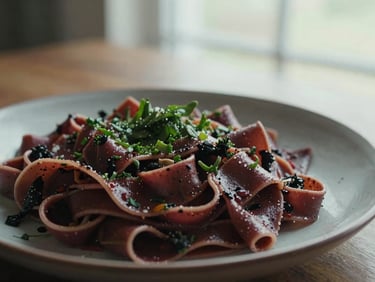 Close-up of a fresh seasonal pasta dish on a rustic ceramic plate, soft natural window light, dark crimson and forest green accents, 35mm lens