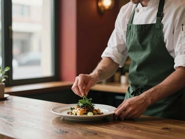 A cozy modern bistro interior, a chef in a clean apron placing a final herb on a plate at the pass, soft morning light