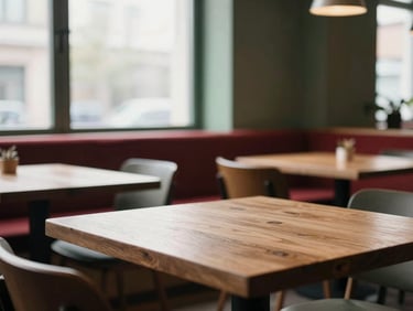 Cozy Scandinavian style restaurant interior, empty wooden tables, soft natural morning light, warm editorial gastronomy photography