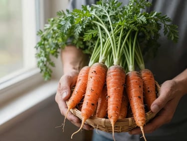 Hands of a local farmer holding a basket of freshly harvested organic carrots with soil, soft natural light