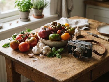 A rustic wooden kitchen table with fresh heirloom tomatoes, garlic, and a vintage camera, soft morning window light, warm editorial food photography style