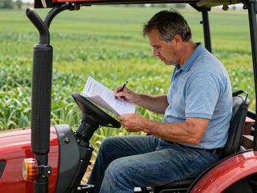 Un agricultor revisando documentos en su tractor en un campo verde, luz natural brillante, enfoque nítido en los papeles.