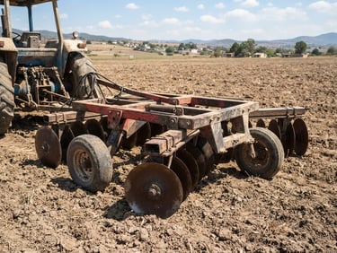 Real, unedited used agricultural disc harrow in an open Mexican field under bright daylight, eye-level three-quarter view, sharp focus, crisp outdoor vehicle photography, realistic colors.