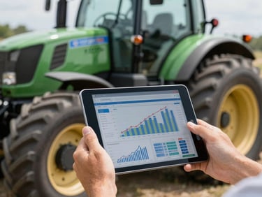 Manos sobre una tableta mostrando gráficos financieros, con un tractor en segundo plano, luz natural brillante, enfoque nítido en la tableta.