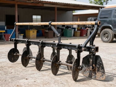 Used agricultural plow in the Pachuca yard under bright natural daylight, eye-level three-quarter view, sharp focus on mechanical details, crisp outdoor vehicle photography.