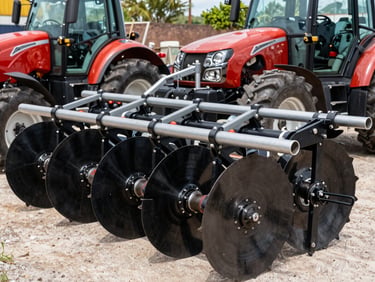 Used agricultural disc harrow in the Pachuca yard under bright natural daylight, eye-level three-quarter view, sharp focus on mechanical details, crisp outdoor vehicle photography.