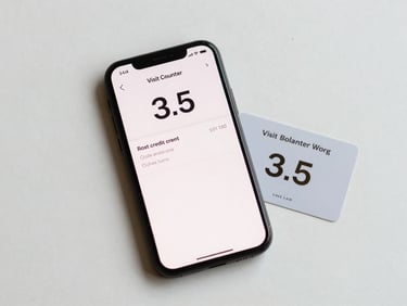 Overhead flat-lay of a smartphone screen displaying a clean balance dashboard — visit counter showing 3 of 5, remaining credit amount in bold numerals, coffee loyalty card beside the phone on an off-white surface, bright neutral daylight, no hands