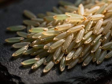 Macro shot of exceptionally long, slender raw rice grains on a dark slate background, warm side-lighting