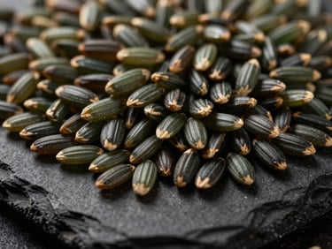 Extreme macro of dark, pearlescent raw rice grains on a textured black stone plate, dramatic lighting