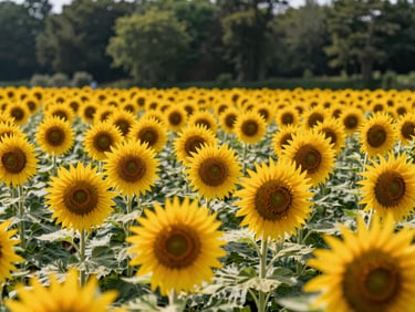 Field of vibrant sunflowers under bright natural morning daylight, with a focus on healthy, uniformly blooming flower heads and sturdy stems, hinting at scale and quality. Authentic agricultural photography, rich forest green and warm yellow tones, sharp focus, 35mm.