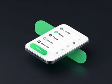 Sleek 3D render of a clean file manager interface on a dark background, glowing neon green accents, isometric mobile interface mockup