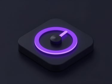 Sleek 3D render of a circular focus timer interface on a dark background, glowing purple accents, isometric mobile interface mockup