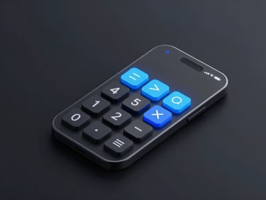 Sleek 3D render of a minimalist calculator app interface on a dark background, glowing electric blue accents, isometric mobile interface mockup