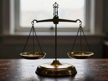 Close-up of a vintage brass balance scale on a dark wooden desk, soft window light, shallow depth of field, deep navy and warm brass tones.