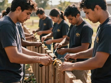 Community volunteers working together to repair a fence, natural daylight, focus on hands holding tools, sense of collaboration