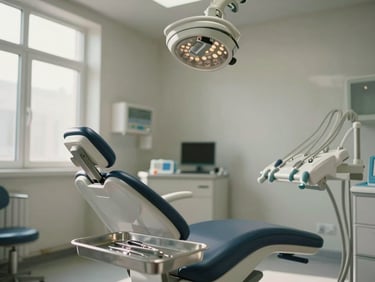 Wide-angle view of an empty dental surgical operatory with natural north-facing daylight entering from left, sterile instrument tray in foreground, neutral clinical walls, no people present