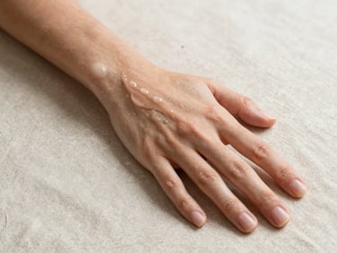 Mão com luva aplicando produto protetor em tecido de linho claro