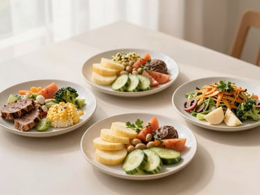 Overhead shot of three beautifully plated healthy recipes, soft morning light, minimalist composition.