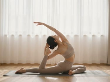Person doing light stretching or yoga in a calm, minimalist room, soft morning light.