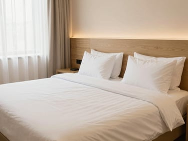 Bright clean hotel twin room, soft gold and cream tones, natural daylight, crisp linens, 35mm lens