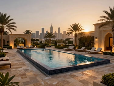 Wide-angle view of a palatial garden suite private plunge pool overlooking the Sheikh Zayed skyline at sunset, warm ambient lighting.