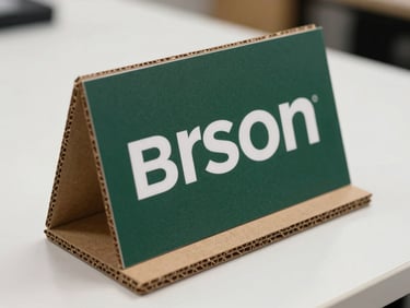 Close-up of a die-cut display standee in corrugated board, clean cut edge visible, printed surface showing accurate brand colours, positioned on a white production table under studio light