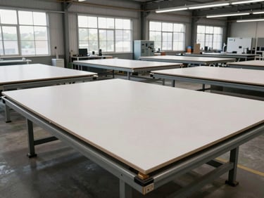 Wide shop floor shot showing multiple large-format pieces in production simultaneously, equipment running mid-job, natural daylight through industrial windows, no staff faces visible