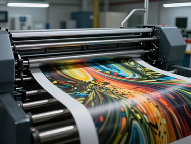 Roll-to-roll large format printer in active run, banner substrate feeding through tension rollers, printed surface emerging with vivid color, cool overhead facility lighting, tight environmental framing