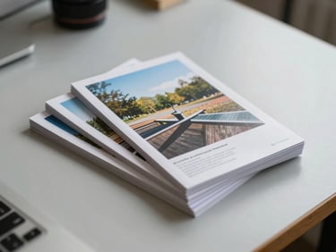 Overhead view of a stack of offset-printed brochures fanned slightly on a light grey worktable, showing crisp colour registration and coated paper sheen under daylight