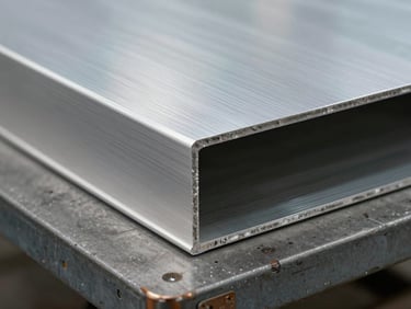 Close-up of an aluminium composite panel cross-section on a workshop bench, cut edge precise, surface coating intact under studio daylight