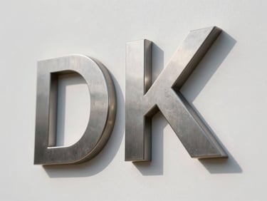 Tight shot of a dimensional fabricated sign in situ, steel-mounted lettering casting a clean shadow on a white wall under studio daylight, edge quality and material finish clearly visible