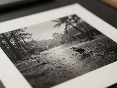 Close-up of a standard coated paper print, surface sheen catching flat studio daylight, ink sitting cleanly on the stock, tight macro framing