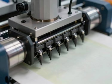 Close-up of a wide-format inkjet print head in motion over a substrate, ink droplets precise, machine components sharp and clean, cool studio daylight, tight technical framing showing nozzle detail