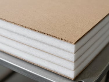 Overhead close-up of a foam board layer stack showing clean cut faces and adhesive join lines on a production table under diffused studio light