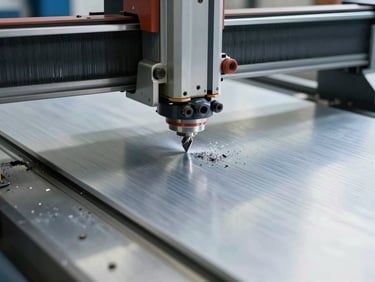 CNC router cutting aluminium composite panel, router bit close-up mid-cut, metal shavings visible, clean facility floor, cool daylight, tight technical framing on cutting edge and material surface