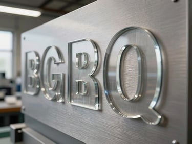 Close-up of precision-cut acrylic letters mounted on a brushed aluminium panel, sharp edge detail visible, cool daylight from the left, production bench in background