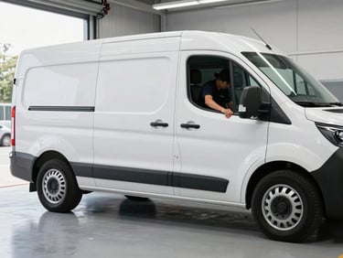 Wide shot of a vehicle wrap in progress on a white van in a clean facility bay, installer smoothing printed film at the door panel, daylight through open bay doors, crisp colour visible on wrap surface