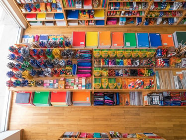 Bright natural daylight photo of organized colorful school supply aisles in a clean local stationery store in Morelia, soft shadows, welcoming atmosphere