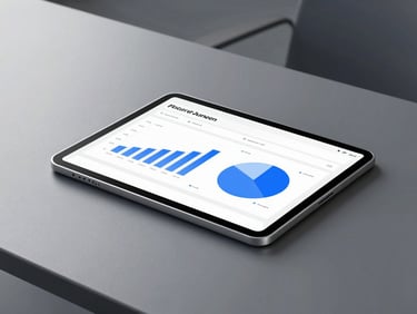 Tight close-up of a high-end desk setup with a clean digital tablet displaying sales charts, crisp corporate lighting.