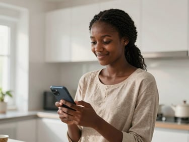 A smiling young Somali woman in a bright, sunlit modern kitchen in Germany, holding a smartphone in one hand and looking relieved, warm daylight, natural lifestyle photography.