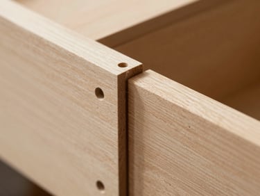 Macro close-up of a dovetail drawer joint in light maple wood, clean natural lighting, showing precise craftsmanship.