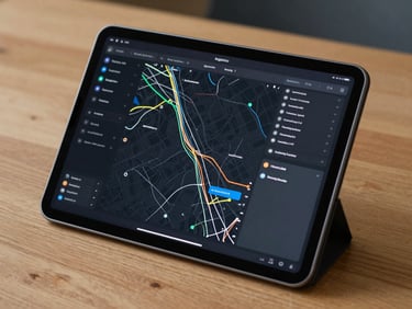 A physical Android tablet mounted on a clean wooden desk, displaying a complex real-time logistics map with sharp vector lines and dark mode Material UI.